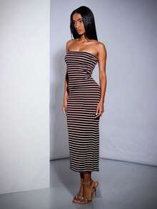 Vestiso mujer strapless largo maxi  rayas  color combinado   casual  dulce  sencillo   canalé  rib  abertura trasera caminar playa  noche de fiesta  vacaciones oficina  casa  diario  fiesta de cumpleaños  jardín  calle  concierto de música country  verano - Marrón Chocolate - Ver 3