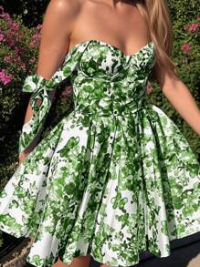 Abito corto da donna, stile vacanza, vestito attillato con stampa floreale e fiocco in vita, schiena scoperta e spalline sottili, abito elegante e vintage, vestito da cerimonia, ballo, festa e sera, nuovo abito casual per primavera, estate e autunno