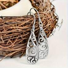 925 Silver Vintage Style Filigree Teardrop Dangle Earrings - Metal Hollow Carved Fashion Long Drop Earrings, Yiwu Production Area Jewelry Accessory