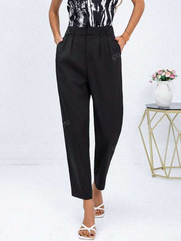 2025 New European & American Style Women's Solid Color Commuter Pockets Straight Leg Casual Comfortable Minimalist High Waist Pants, Everyday Wear