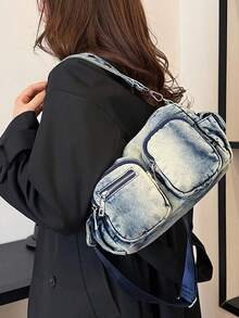 时尚复古女士单肩包，高品质腋下包，休闲手提包，带配饰，牛仔布材质 - 彩色 - 查看 13