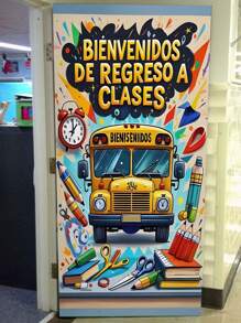 1 Stück Semesteranfang Thema Banner, hergestellt aus Polyesterstoff, mit gelbem Schulbus, Wecker, Schreibwaren, mit buntem Spritzlackenhintergrund und spanischem Text "BIENVENIDOS DE REGRESO A CLASES" (Willkommen Rücken in die Klasse), lebendiger kreativer Stil mit detailliertem, lebhaftem Design, geeignet für die Schuleröffnungszeit, Szenen des ersten Schultags, kann Klassenzimmertüren, Campusaktivitätsbereiche dekorieren, um eine herzliche Begrüßung zu vermitteln.