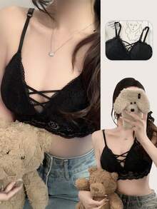 女士简约可爱性感蕾丝吊带背心带胸垫，纯白色，夏季 - 黑色 - 查看 6