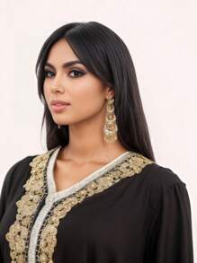 1 Pair Multilayered Earrings For Women, With Hollow Carving And Tassel Pendant Decor, Moroccan Jewelry Accessories