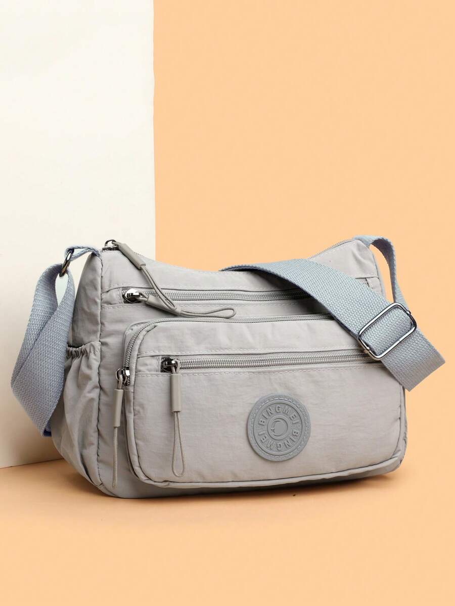 Casual Nylon Shoulder Bag With Adjustable Strap, Multi-Compartment, Solid Color, Zipper Closure, Polyester Lining, Lightweight & Versatile Cross-Body Bag For Everyday Use - Grey - View 1