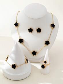 1 Set de Joyas de Flor de Trébol de Moda: Pulsera de Metal, Collar, Aretes, Anillo, Brazaletes, Elegante y Versátil para Mujeres