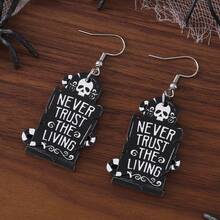 1 Pair Women Halloween Skeleton Head & Gravestone Pendant Earrings, Vintage Wooden Gothic Style Double-Sided Earrings, Halloween Party Gift