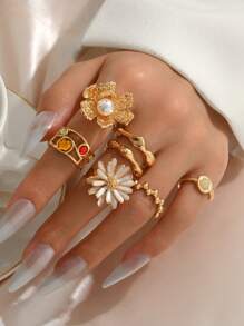 6pcs/Set Vintage Coin Adjustable Rings Set, Fashion Drip Glaze Floral With Faux Pearl Decoration, Women Jewelry Accessories Suitable For Daily Wear, Dates, Parties, Travel And Photo Taking