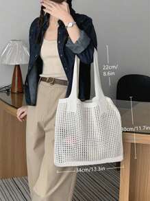 Yogodlns Geantă de vară pentru femei, stil vintage de vacanță, tricotată manual, curea de umăr croșetată, capacitate mare, geantă de mare capacitate tricotată cu gol, stil de vacanță