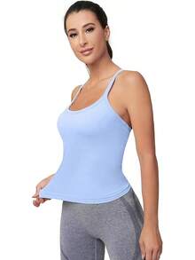 Workout Tops Women With Built In Bra, Sleeveless Gym Tops Seamless Racerback Athletic Yoga Shirts, Activewear - 淺藍色 - 查看 2