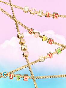 1pc Stainless Steel Y2K Customized Fashionable Smiling Face & Heart Text Necklace, Initial Charm Personalized Jewelry Gift, Customized Monogram Disc Necklace, Personalized Gift For Friends, Couples And Family - Gold Side Chain - View 4