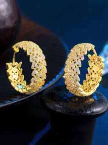 1 Pair Dubai Yellow Gold Plated Big Round Micro Pave CZ Heart Tennis Hoop Earrings, Women Silver Plated Cubic Zirconia Jewelry Accessories For Brides, Engagement, Wedding, Banquet, Party, Or Mother's Christmas Gift