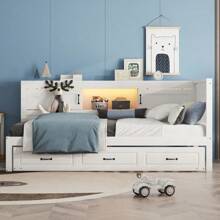 Divano letto con porta USB e presa, letto estraibile, spazio di archiviazione push-pull e calda illuminazione notturna per bambini