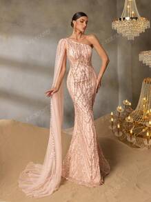 Faeriesty Faeriesty Asymmetric One-Shoulder Evening Gown With Flowing Organza Drape, Embellished Waist Detail, Dramatic Thigh-High Slit & Mermaid Fishtail Hem – Elegant Formal Dresses For Red Carpet Events, Black-Tie Galas, Luxury Wedding Receptions, Fashion Showcases, Award Ceremonies