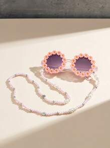 1pc Children Pink Daisy Decor Fashionable Glasses And 1pc Pink Faux Pearl Glasses Chain