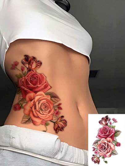 LICH 1 hoja de tatuajes temporales de gran tamaño para mujeres adultas y niñas, con diseño romántico de flores de rosa realistas. Tatuaje falso que dura de 2 a 5 días, puede cubrir cicatrices y se puede usar en brazos, muñecas, hombros, piernas, cintura, cuello, manos, pecho y muslos.