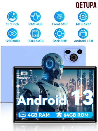 Qetupa Android 13 平板电脑，10.1 英寸屏幕，4GB 内存 + 64GB 存储空间，MTK 6737 四核 1.3GHz 处理器，6000mAh 大容量电池（不含适配器），高清 (1280x800) IPS 触摸屏，蓝牙 5.2 和 802.11ac WiFi，5MP 前置摄像头和 8MP 后置摄像头（不支持 SIM 卡）