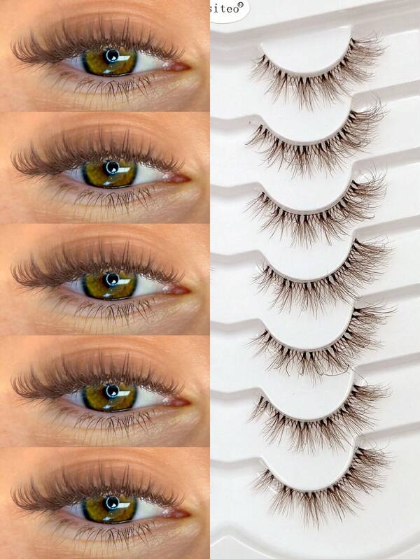 Asiteo Asiteo 7 Pairs Brown Cat Eye Lashes Faux Mink Eyelashes With Clear Band Wispy Volume Fluffy Natural Look False Lashes Transparent Stem Daily Wearing Full Strip Lashes Extension Makeup Tools
