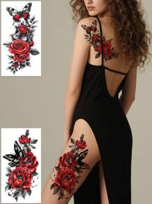 (Pack Of 5 PCS)Red Rose And Butterfly Temporary Tattoo Stickers, Sexy Dancer Chest And Thigh Designs, Waterproof And Sweat-Proof, Easy To Use And Remove, Suitable For Women's Legs, Arms, Abdomen And Chest. Perfect Temporary Tattoo Stickers For Women, Essential For Dates And Parties.