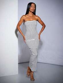 Vestiso mujer strapless largo maxi  rayas  color combinado   casual  dulce  sencillo   canalé  rib  abertura trasera caminar playa  noche de fiesta  vacaciones oficina  casa  diario  fiesta de cumpleaños  jardín  calle  concierto de música country  verano - Blanco - Ver 1