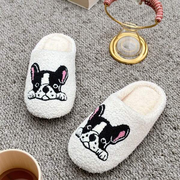 Cozy Bulldog Embroidered Plush Slippers - Soft Fleece Winter House Shoes, Cartoon Design, Women House Slippers