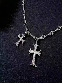 Halskette mit Kreuz, vergoldet/versilbert Anhänger mit doppeltem Kreuz, zarter Diamant-Kreuz Dekor an der Gliederkette, diskreter Choker, delikater Glaubensschmuck, religiöse Geschenke für Frauen