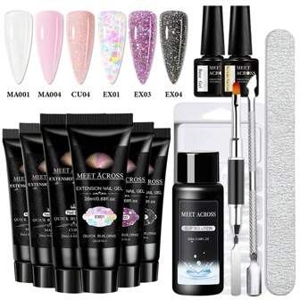 MEET ACROSS Kit de 13 piezas de 20 ml de juego de extensión de uñas con gel poligel, incluye gel claro, color nude, brillo, gel acrílico, solución deslizante, moldes de extensión de uñas, base, top coat y herramientas, ideal para uñas de verano