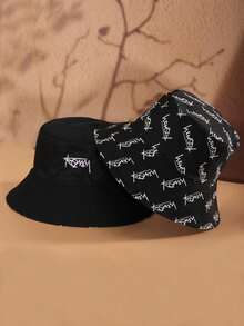 1 件男女通用宽边渔夫帽，韩式字母印花，可翻转户外太阳帽，适合大头围，2 种随机字母图案