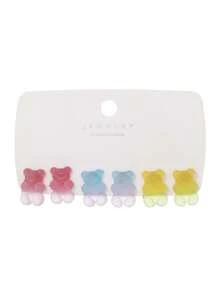 6 Pairs Fashion Resin Pentagonal Star, Heart, Teddy Bear Element Stud Earrings Set, Suitable For Women's Daily Wear, Music Concerts, Gatherings, Party Outfits, Gifts