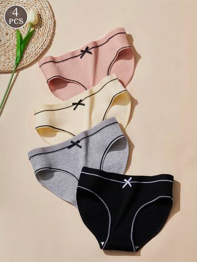 4 Pairs Japanese Style Textured Women's Underwear Comfortable, Minimalist, Women's Briefs