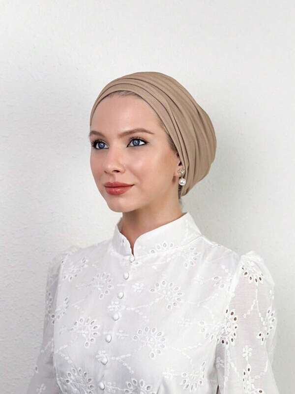 1pc Women Classic Solid Color Chemo Turban Hat, High Stretch Pleated Design, Anti-Slip Breathable, Multi-Layer Pleats For Fuller, Fashionable Hijab Coordination, Soft & Comfortable Viscose Knit Fabric, Suitable For Daily Wear