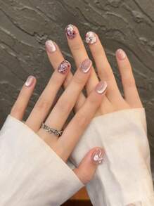 10pcs Pink Manicurist Pure Handmade Manicure Wear Nail Set Pink Cat's Eye Three-Dimensional Bow Rhinestone Heart Sequin Glitter Oval Nail Shape Press-On Nail Patch