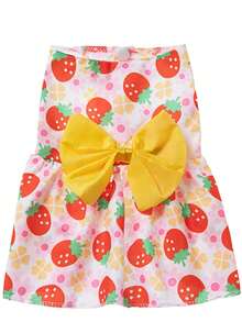 Vibrant Strawberry Print Pet Dress - Sunny Yellow Non-Detachable Bow Accented Dog Dress In XS-XL, Juicy Red Berry Pattern Puppy Outfit With Permanently Secured Buttercup Yellow Ribbon, Cheerful Fruit-Themed Canine Fashion For All Breeds - Multicolor - View 8