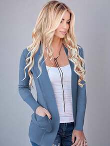 Sueter Dama De Moda  Liso    Casual    Canalé  Bolsillo    Ideal Para  Noche de fiesta  Vacaciones  Diario  Viaje - Azul Denim - Ver 1