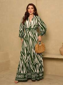 All-Over Print Ruffle Hem Button With Belt - Army Green - View 1