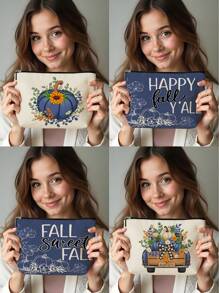 1pc Autumn Pumpkin Sunflower Maple Leaf Bow Letter Linen Printed Makeup Bag, Cute Travel Cosmetic Pouch And Multifunctional Coin Purse, Lightweight Gift For Women