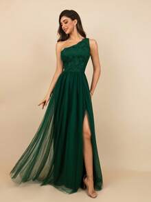 MOEVIO 蕾丝网纱A字露背长款正式晚礼服，优雅毕业礼服，女士舞会礼服，婚礼宾客礼服，女士生日礼服，端庄秋季礼服 - 墨綠色 - 查看 6