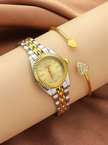 5 peças/Conjunto Relógio de Quartzo Feminino XSVO Genuíno com Mostrador Estrelado Iridescente Redondo do Dia a Dia, Pulseira de Aço Inoxidável + Acessórios de Coração de Strass, Sem Caixa de Presente