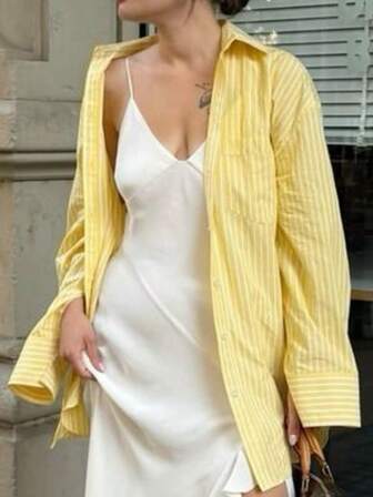 Plus Size Women's Fashion Fresh Lemon Yellow Simple Striped Print Casual Shirt With Pockets, Suitable For Early Autumn Walking, Commuting, Street Style