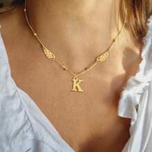 1pc New Fashion Initial Angel Wings Pendant Golden Stainless Steel Bead Chain Necklaces For Women