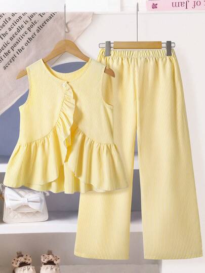 Left Mama Girls Casual Asymmetrical Floral Trim Sleeveless Striped Top And Straight Pants Set, Summer