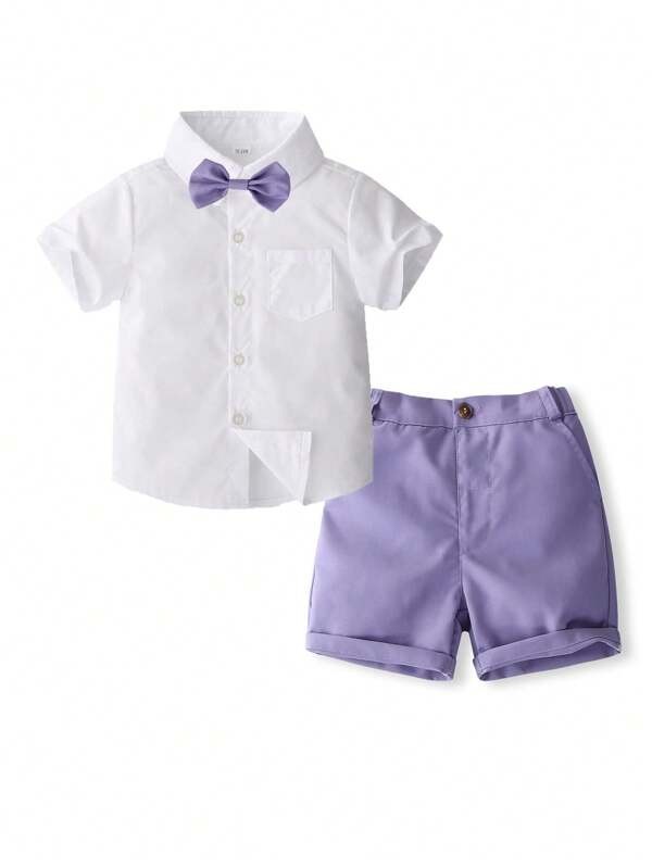 KIMOCAT Boys Short Sleeve Shirt Shorts Bow Tie Gentleman Suit, Summer Kids Formal Outfit