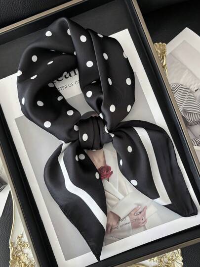 1pc Women's Luxury Elegant Polka Dot Print 27.5" X 27.5" Silk Bandana Scarf Head Wrap, Spring/Summer For Dress