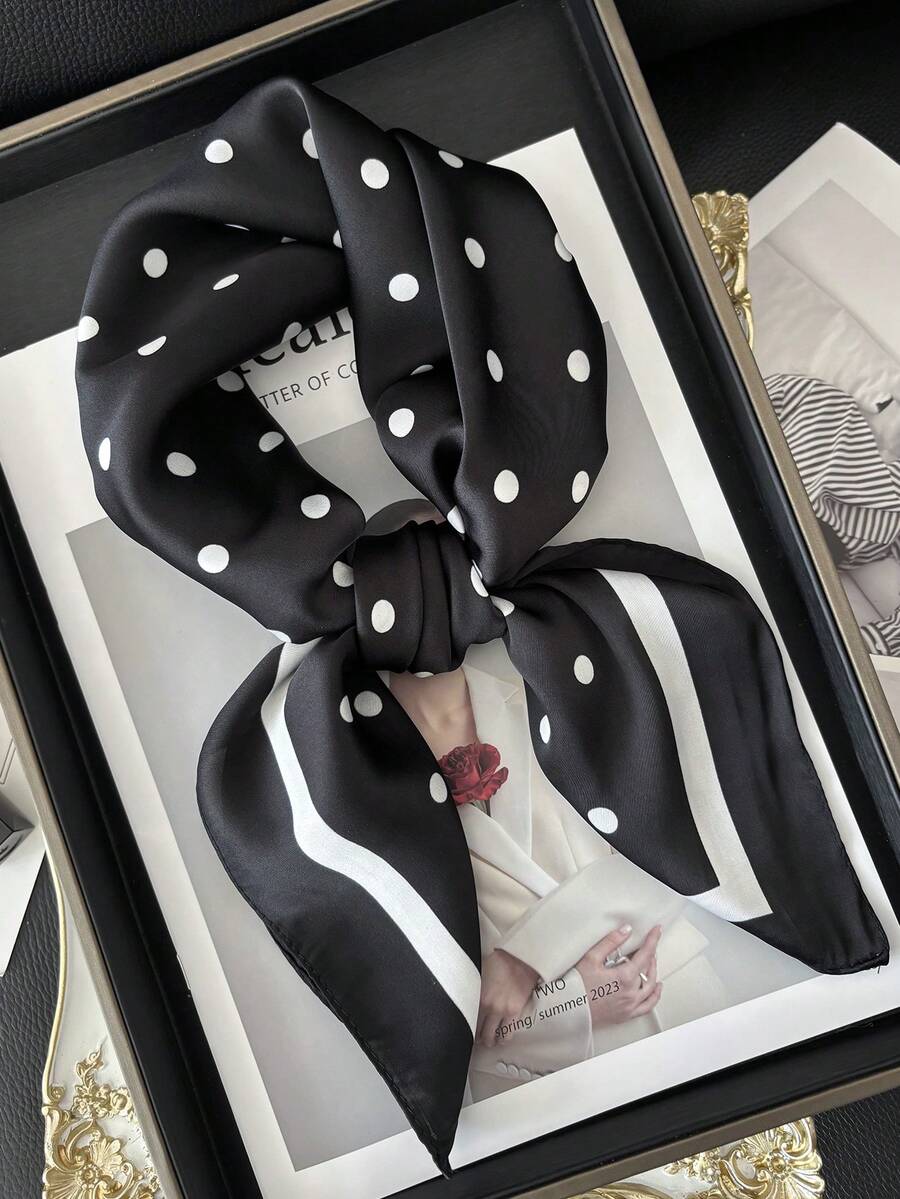 1pc Women's Luxury Elegant Polka Dot Print 27.5" X 27.5" Silk Bandana Scarf Head Wrap, Spring/Summer For Dress - Black - View 1
