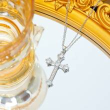 1pc Zirconia Inlaid Cross Pendant Necklace Suitable For Men And Women Perfect Decor For Cool Friends Unisex Jewelry