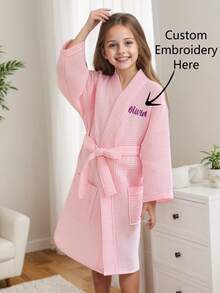 1pc Customized Embroidered Waffle Children's Hooded Bathrobe | Customizable Name | Exclusive Embroidery | Soft & Comfortable | Essential For Children After Swimming & Bathing | Ideal For Travel & Beach | 6A Fits Children Under 110cm, 8A Fits Children Under 135cm - Multicolor - View 1