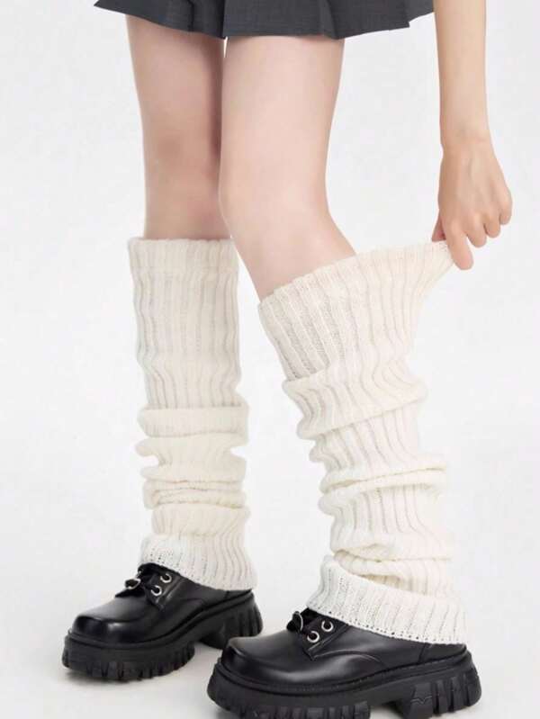 1 par de calentadores de piernas sueltos estilo Y2K para mujeres, calentadores de piernas sobre la rodilla de unicolor, con rayas verticales tejidas, calentadores de piernas gruesos para otoño/invierno