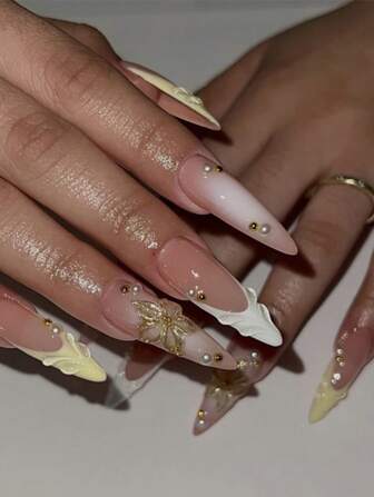 Pure Handmade Nails 3D Flower Nails Summer Yellow Nail Gold Nail Long Almond Press On Nails 10Pcs Fake Nails For Women Girls Daily Wear Nail Supplies Nails