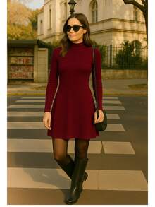 High Neck Long Sleeve Dress In Super Comfortable Street Wool Soft And Smooth Fabric - 紅木色 - 查看 1