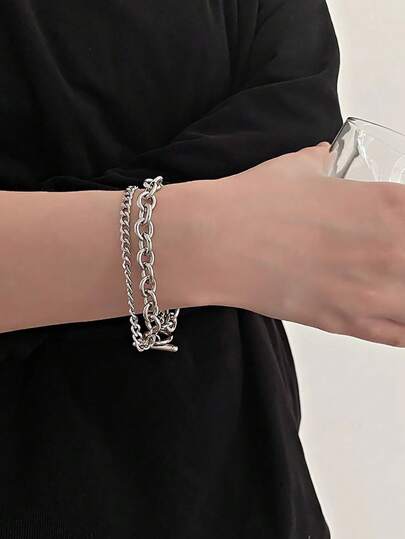 1pc Fashionable Stainless Steel Double-Layer Link Chain Bracelet, Suitable For Men's Daily Wear